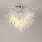 Modern White Frosted Blown Glass Ceiling Light Chihuly-Style Sculptural Glass Art Semi-Flush Mount Chandelier