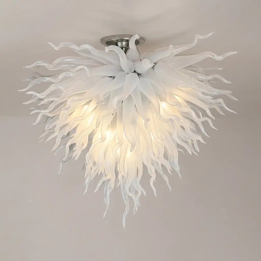Modern White Frosted Blown Glass Ceiling Light Chihuly-Style Sculptural Glass Art Semi-Flush Mount Chandelier