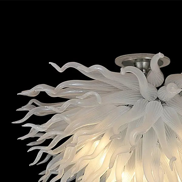 Modern White Frosted Blown Glass Ceiling Light Chihuly-Style Sculptural Glass Art Semi-Flush Mount Chandelier