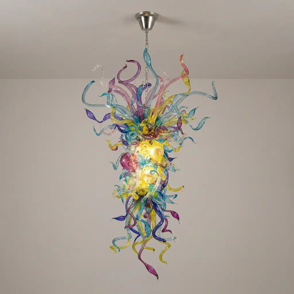 Large Vibrant Prism Hand-Blown Glass Chandelier Multicolor Art Glass Tentacle Glass Pendant Light