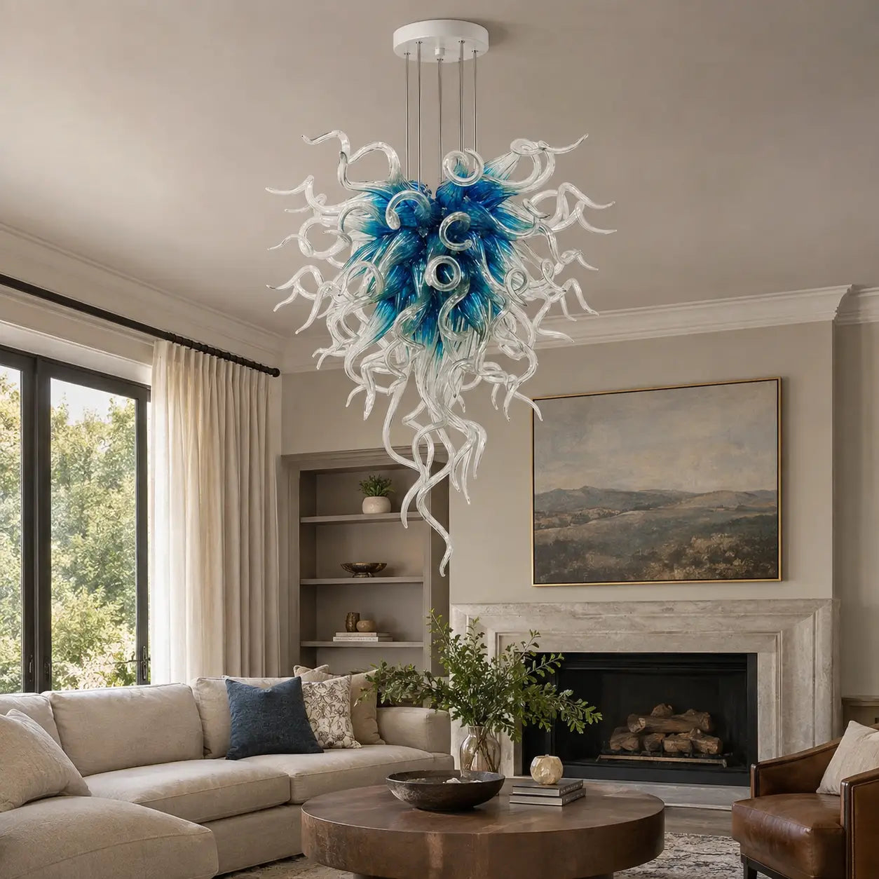 Luxury Ice Blue Blown Glass Chandelier Coastal Sculptural Art Pendant Light