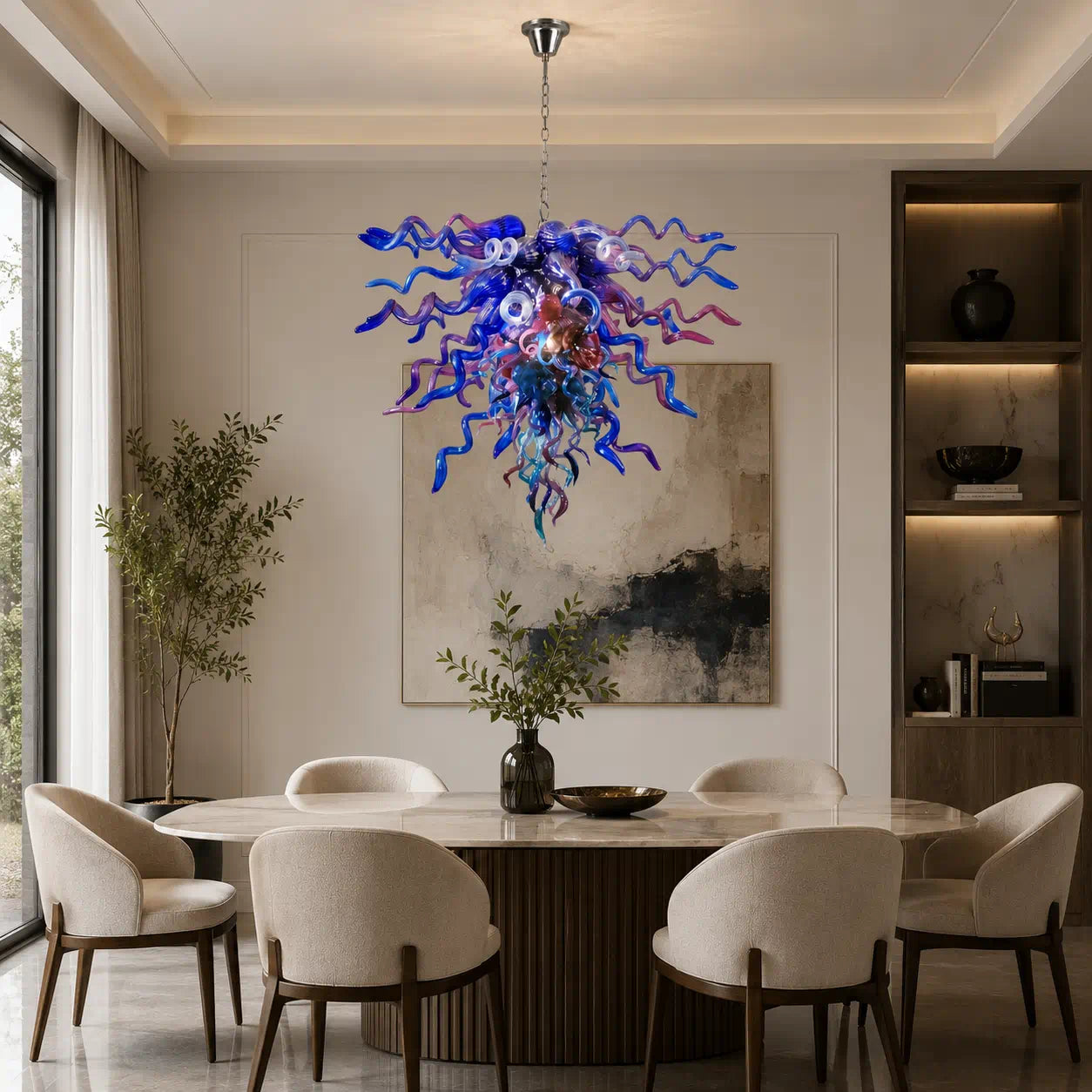 Murano Style Hand-Blown Glass Chandelier Blue & Purple Sculptural Art Pendant Light