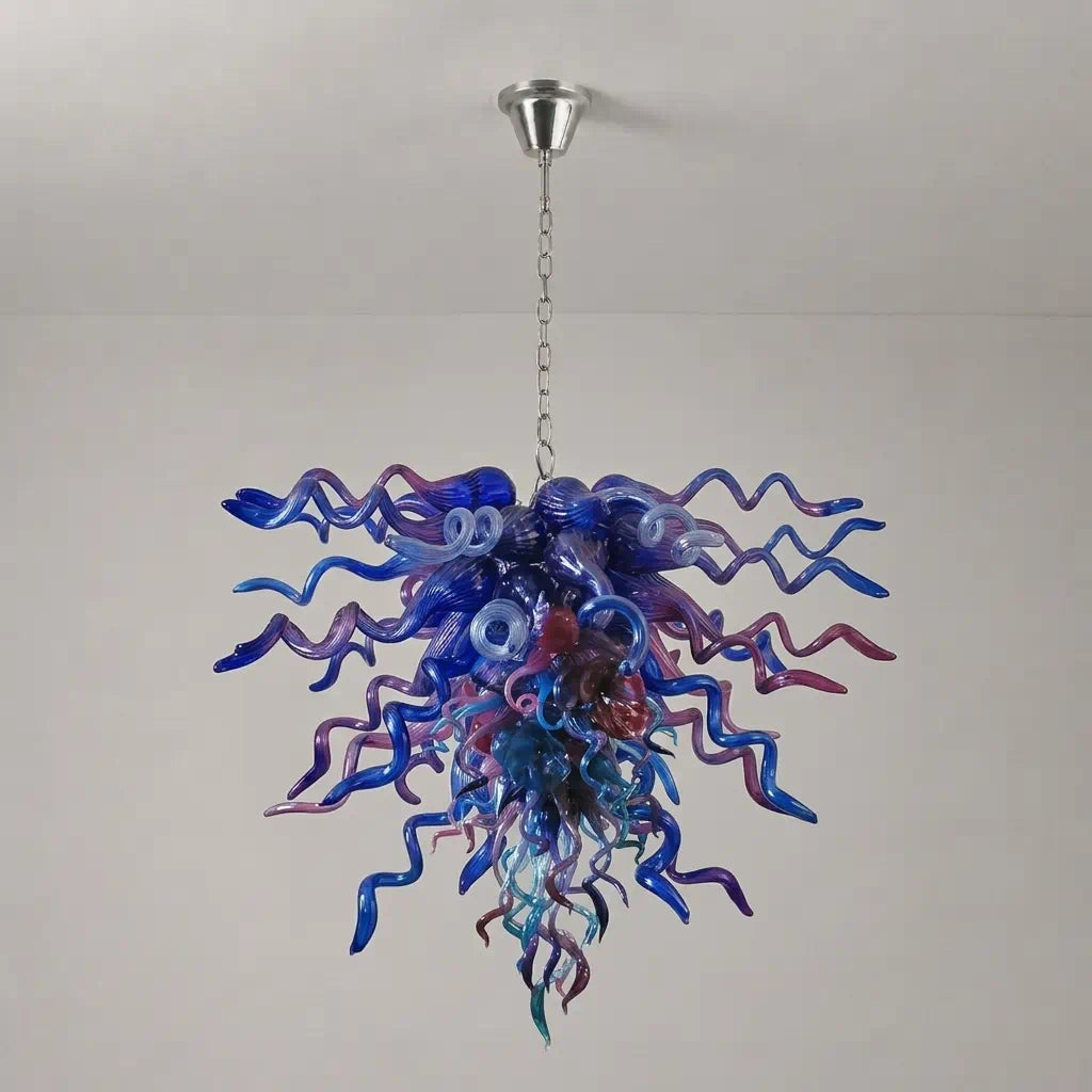 Murano Style Hand-Blown Glass Chandelier Blue & Purple Sculptural Art Pendant Light