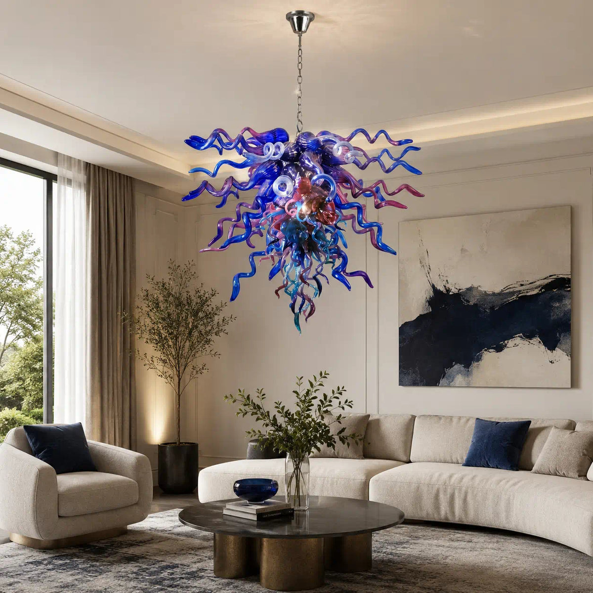 Murano Style Hand-Blown Glass Chandelier Blue & Purple Sculptural Art Pendant Light