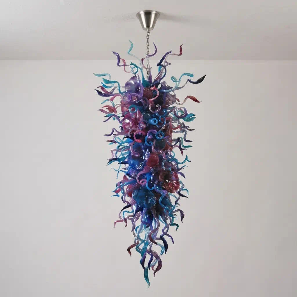 Giant Azure & Royal Amethyst Hand-Blown Glass Chandelier Large Multicolor Murano Style Art Pendant Light