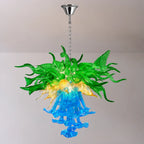 Unique Three Layers Hand-Blown Glass Chandelier Blue Green and Gold Artistic Handcrafted Pendant Light