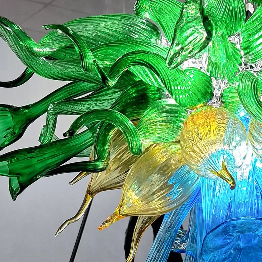 Unique Three Layers Hand-Blown Glass Chandelier Blue Green and Gold Artistic Handcrafted Pendant Light
