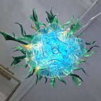 Unique Three Layers Hand-Blown Glass Chandelier Blue Green and Gold Artistic Handcrafted Pendant Light