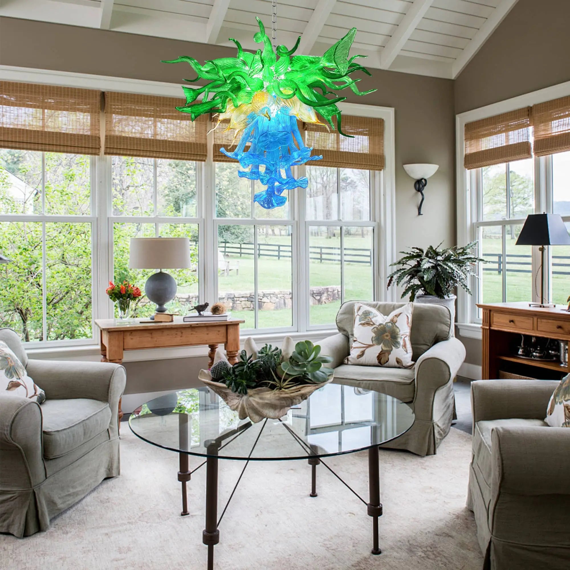 Unique Three Layers Hand-Blown Glass Chandelier Blue Green and Gold Artistic Handcrafted Pendant Light