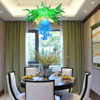 Unique Three Layers Hand-Blown Glass Chandelier Blue Green and Gold Artistic Handcrafted Pendant Light