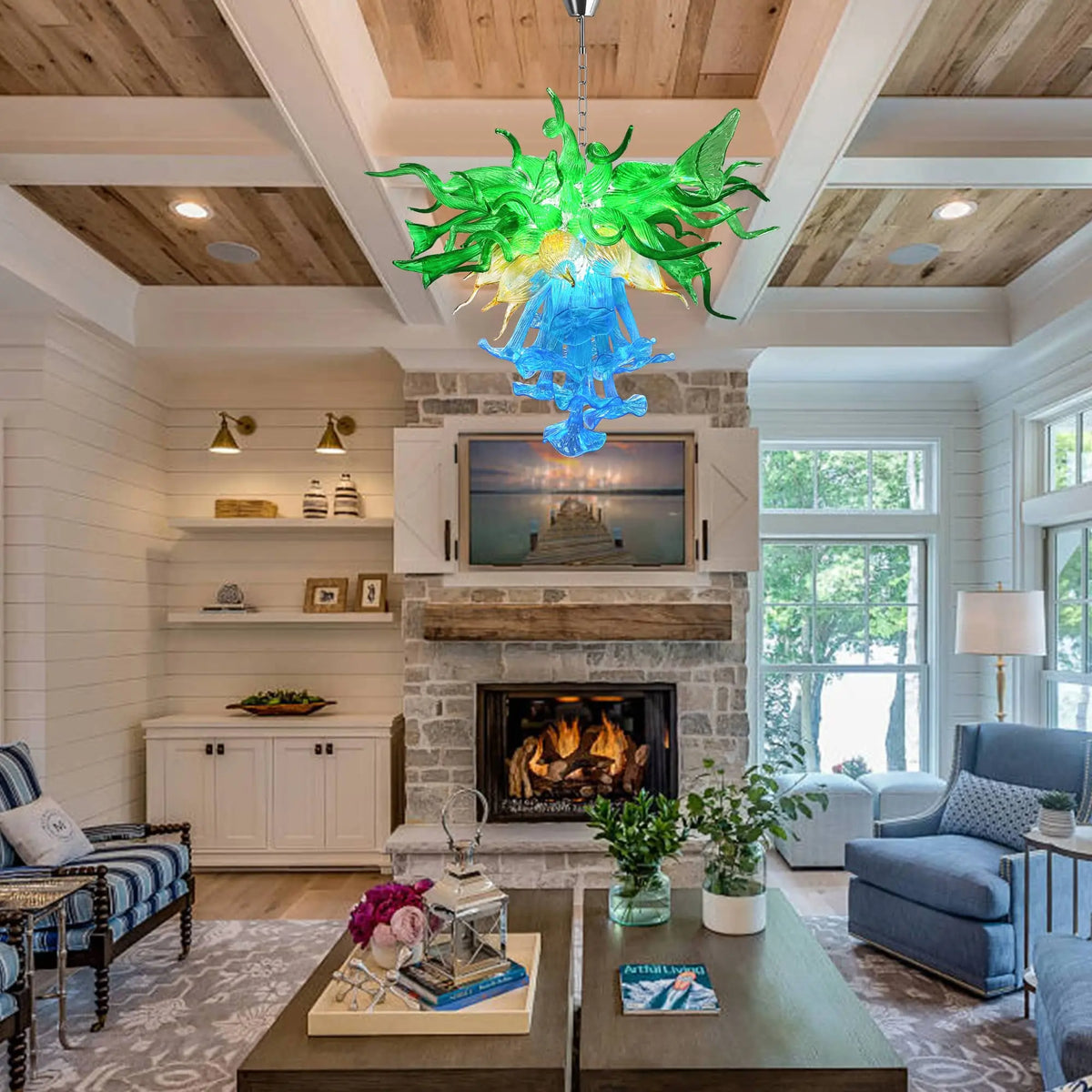 Unique Three Layers Hand-Blown Glass Chandelier Blue Green and Gold Artistic Handcrafted Pendant Light