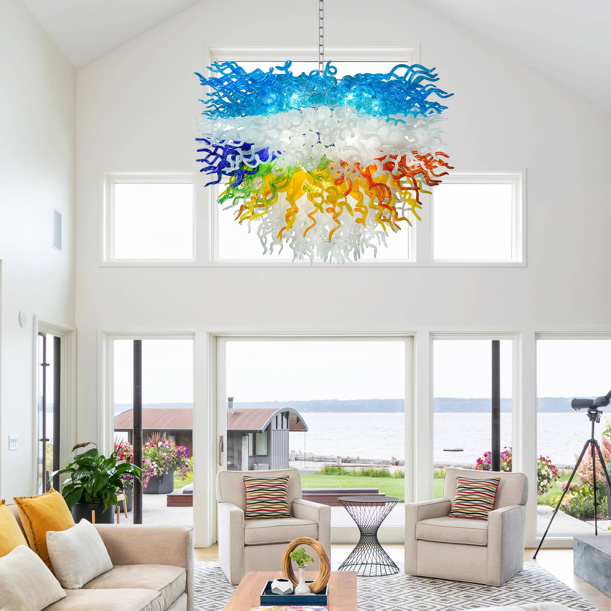 Chihuly-Style Blown Glass Chandelier Colored Multi Layers Semi-Circular Modern Art Pendant Light