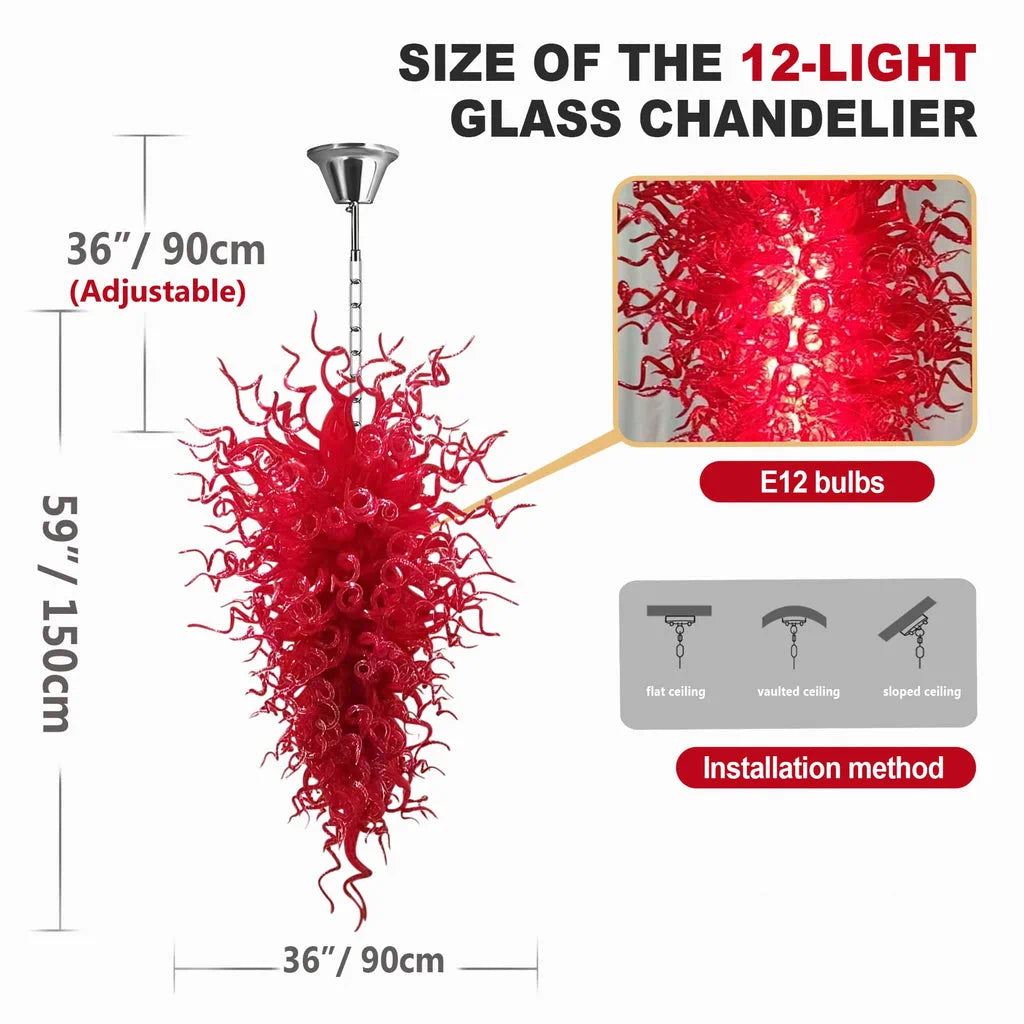 Large Scarlet Red Murano Hand-Blown Glass Chandelier Chihuly-Style Sculptural Art Pendant Light For Entryways Stairwells