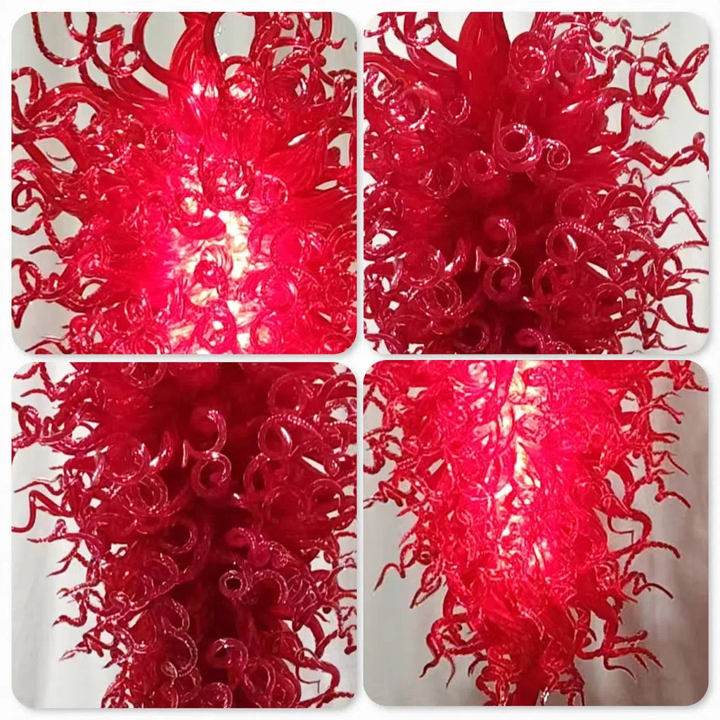 Large Scarlet Red Murano Hand-Blown Glass Chandelier Chihuly-Style Sculptural Art Pendant Light For Entryways Stairwells