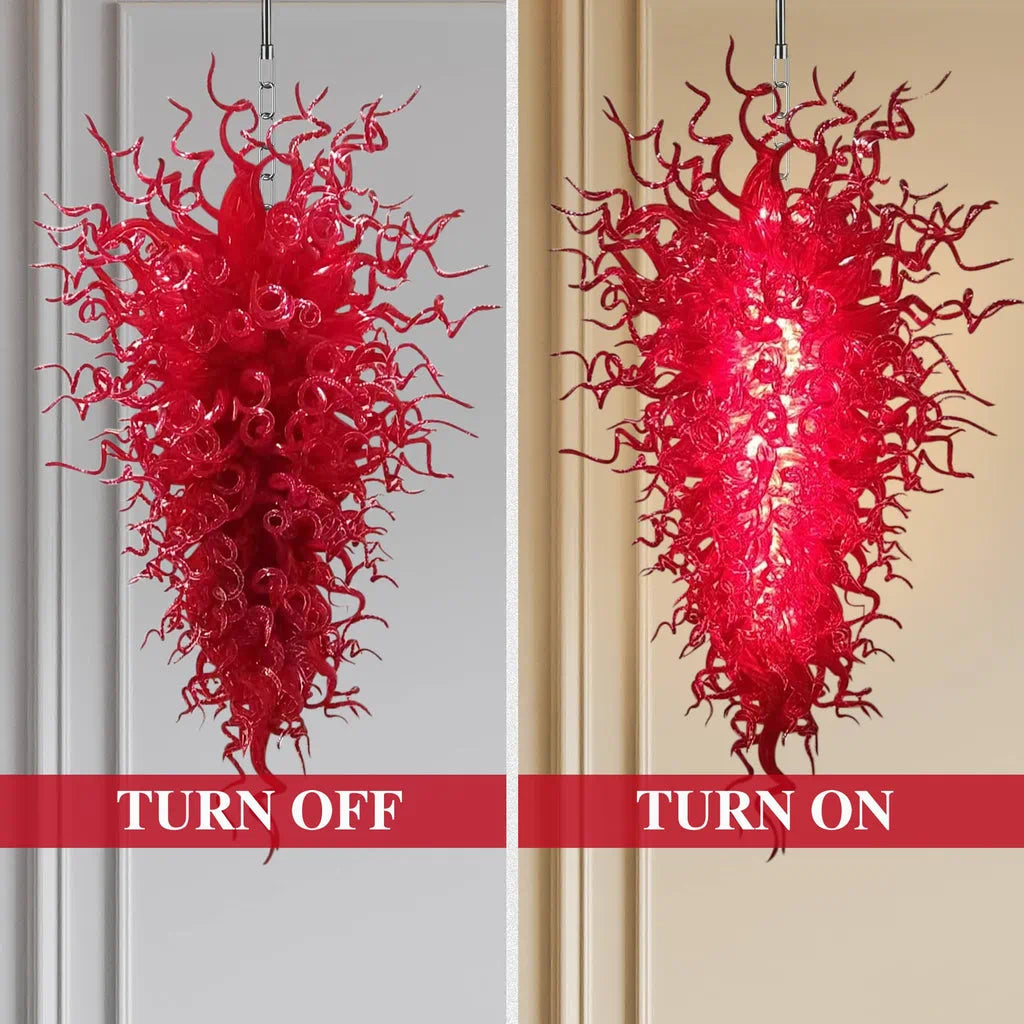 Large Scarlet Red Murano Hand-Blown Glass Chandelier Chihuly-Style Sculptural Art Pendant Light For Entryways Stairwells