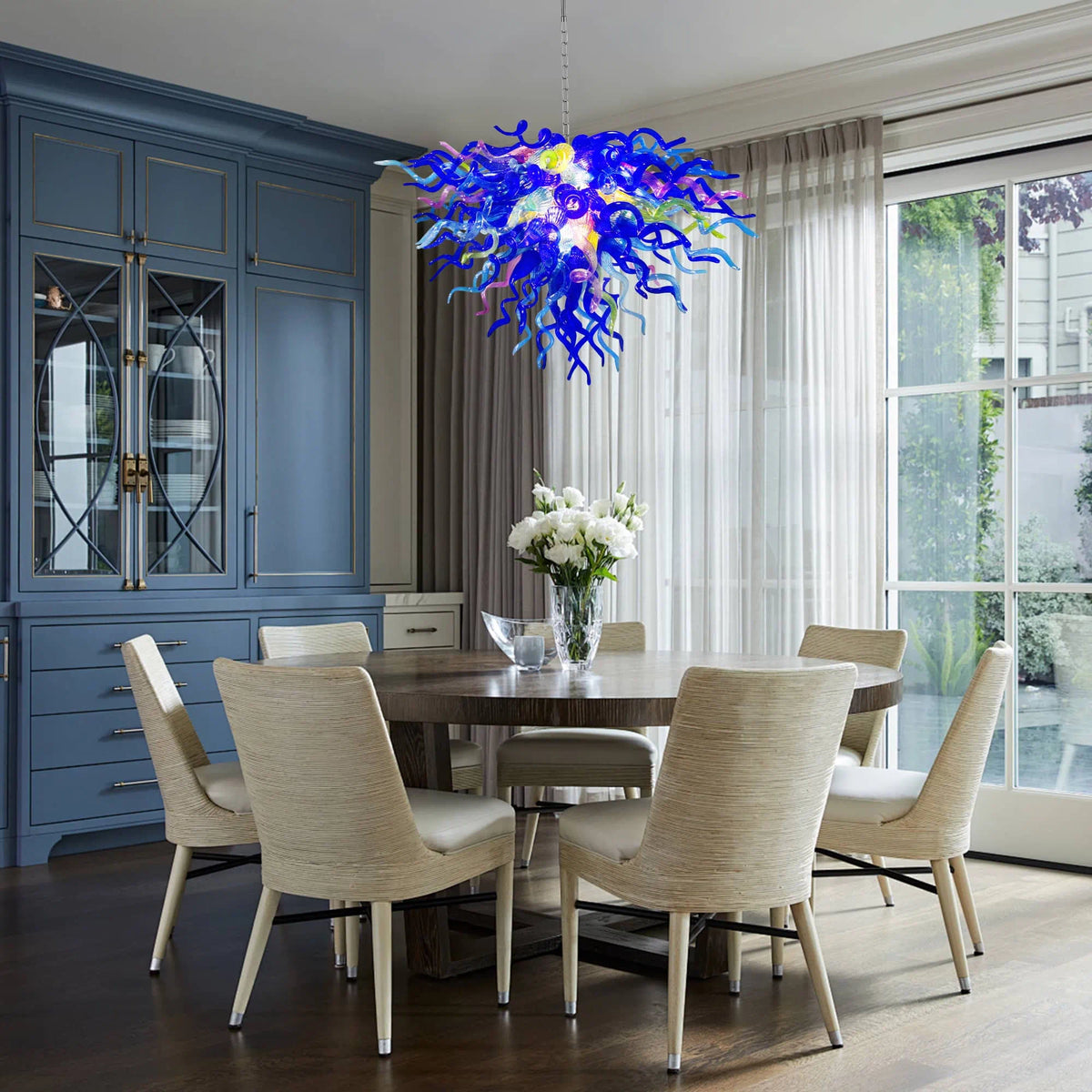 Modern blue Hand-Blown Glass Chandelier Colorful Sculptural Inverted Cone Pendant Light