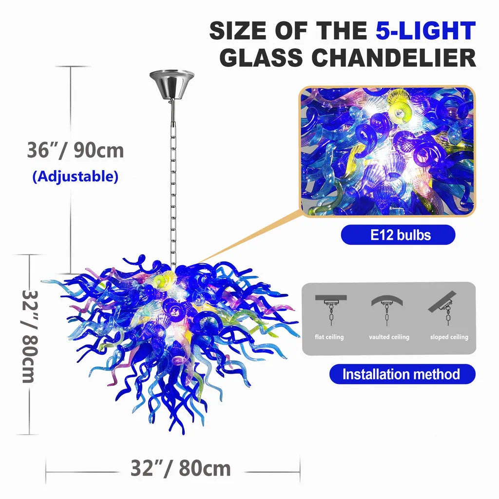 Modern blue Hand-Blown Glass Chandelier Colorful Sculptural Inverted Cone Pendant Light
