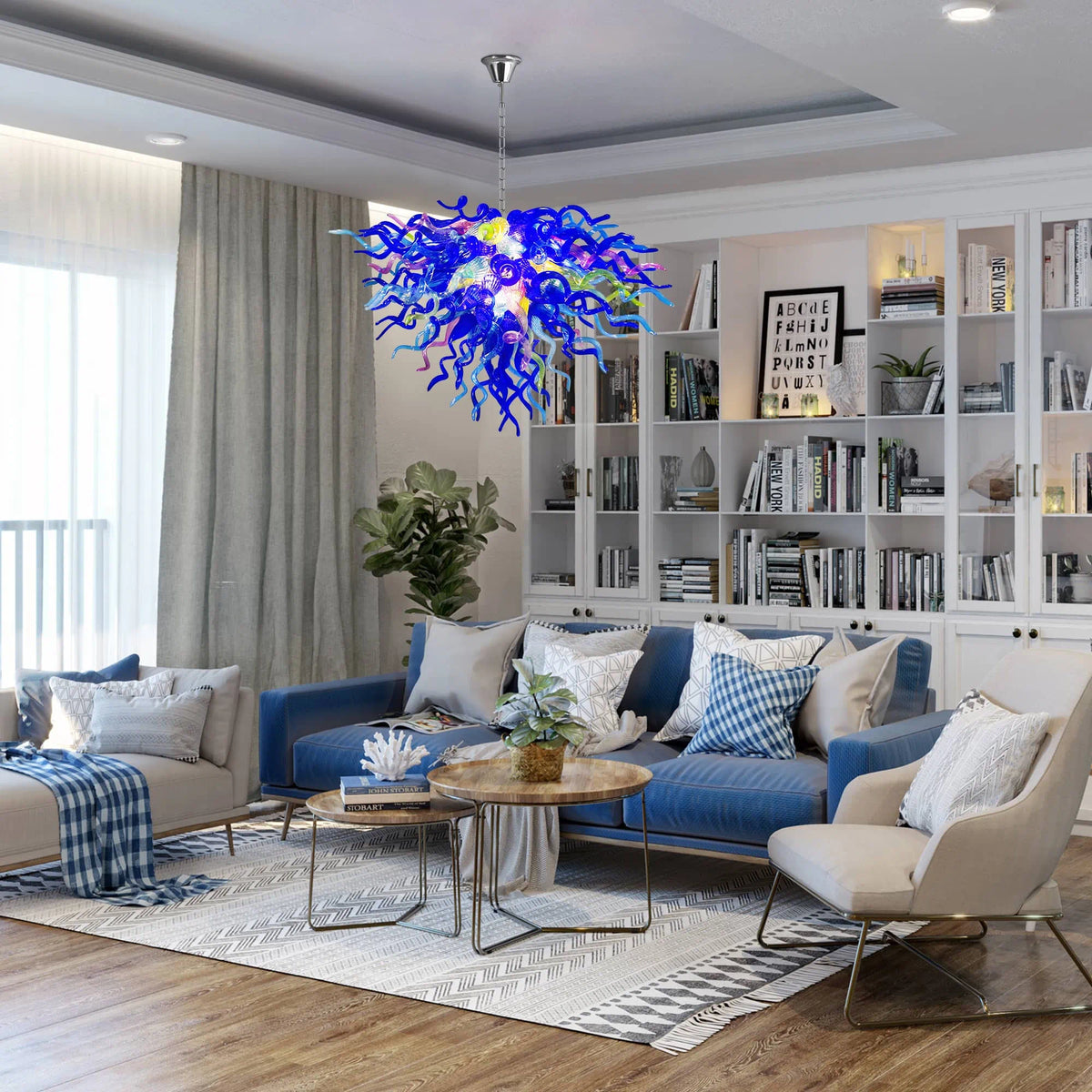 Modern blue Hand-Blown Glass Chandelier Colorful Sculptural Inverted Cone Pendant Light