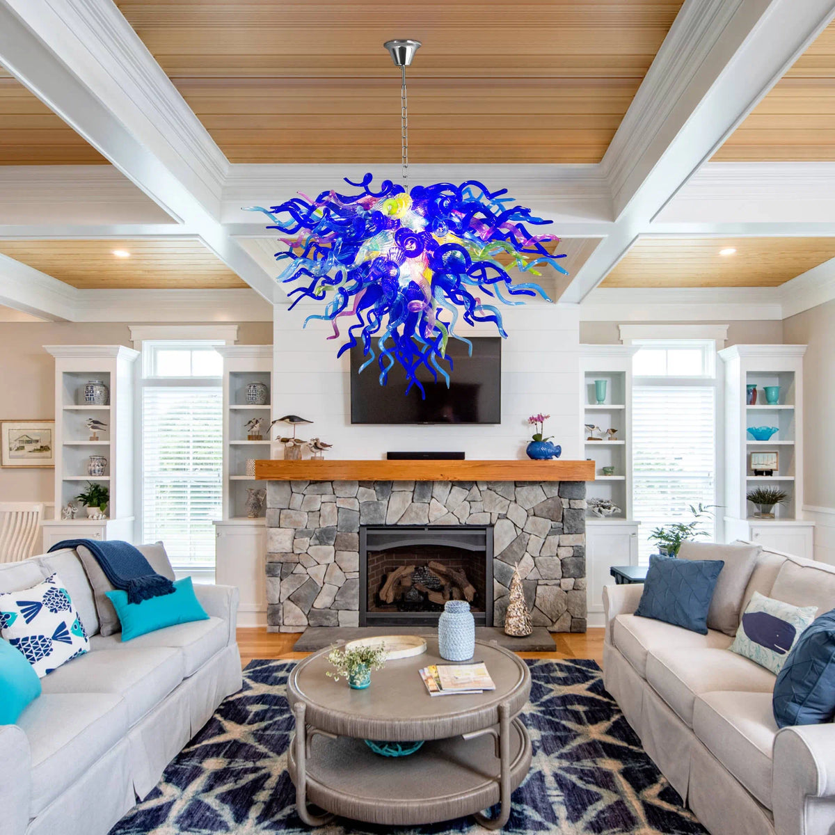 Modern blue Hand-Blown Glass Chandelier Colorful Sculptural Inverted Cone Pendant Light