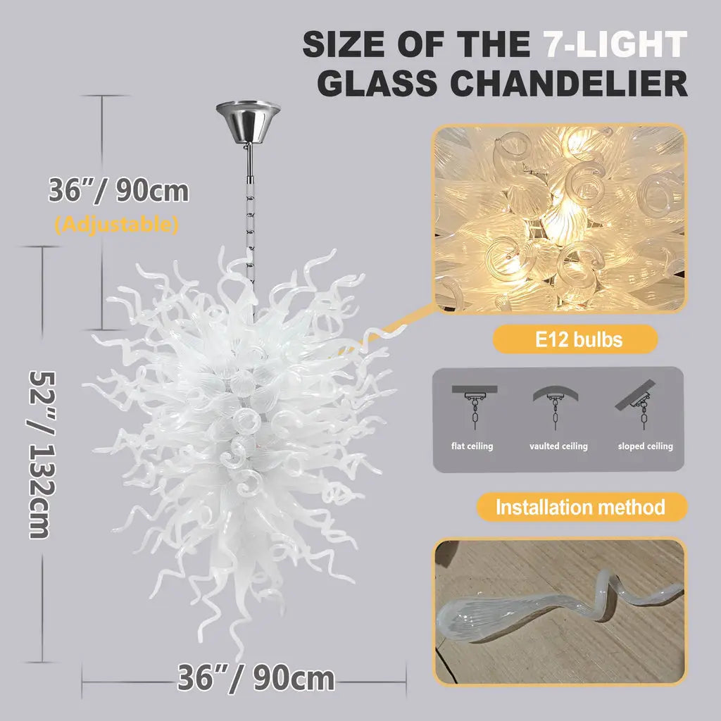 Large Modern White Hand-Blown Glass Sculptural Chandelier Elegant Artistic Pendant Light