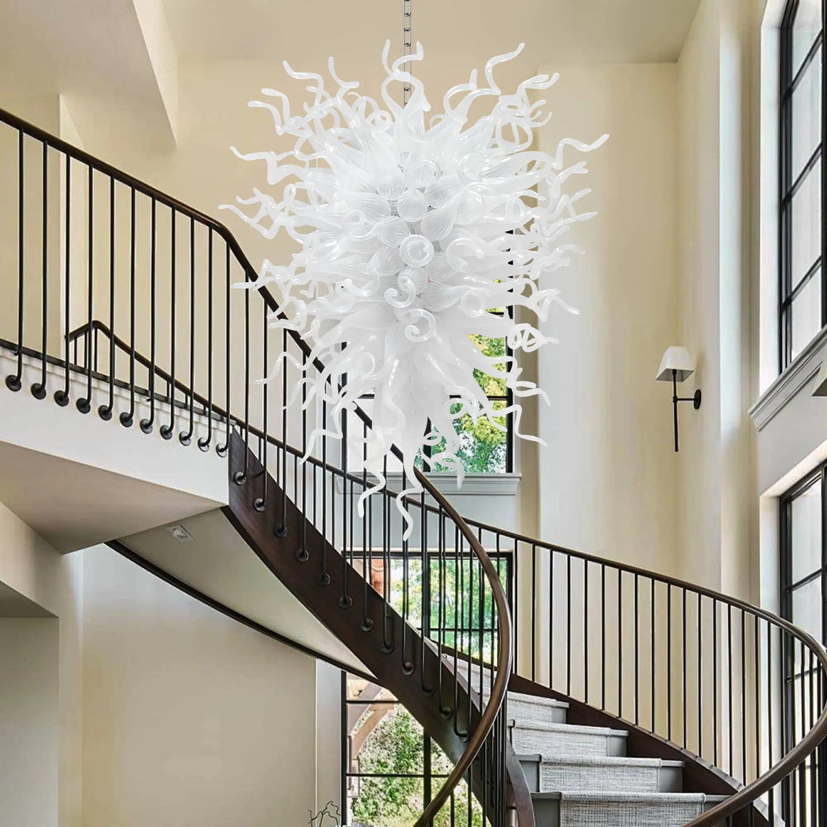 Large Modern White Hand-Blown Glass Sculptural Chandelier Elegant Artistic Pendant Light
