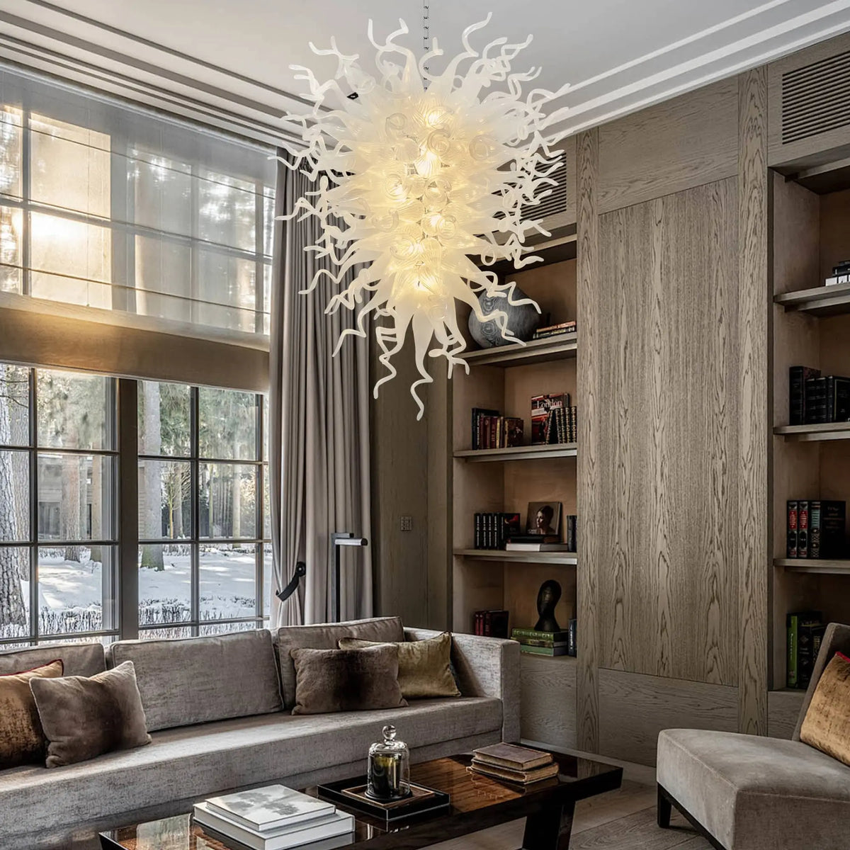 Large Modern White Hand-Blown Glass Sculptural Chandelier Elegant Artistic Pendant Light