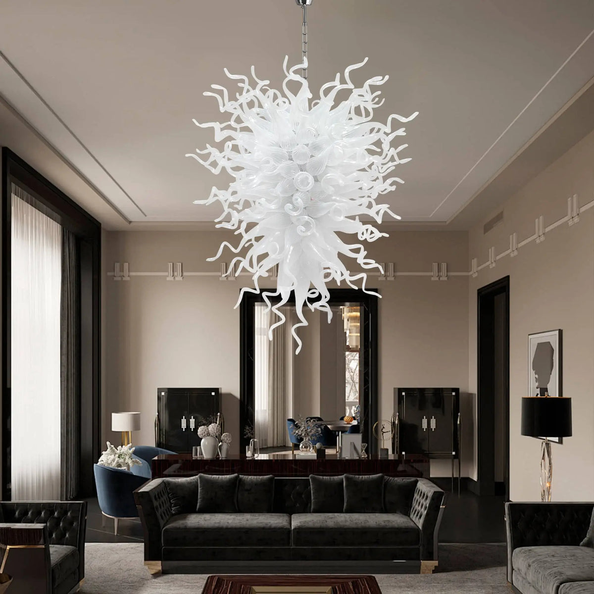 Large Modern White Hand-Blown Glass Sculptural Chandelier Elegant Artistic Pendant Light