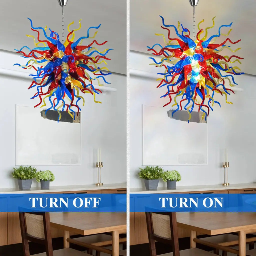 Colorful Starburst Blown Glass Chandelier Chihuly-Style Red Blue Yellow Art Pendant Light