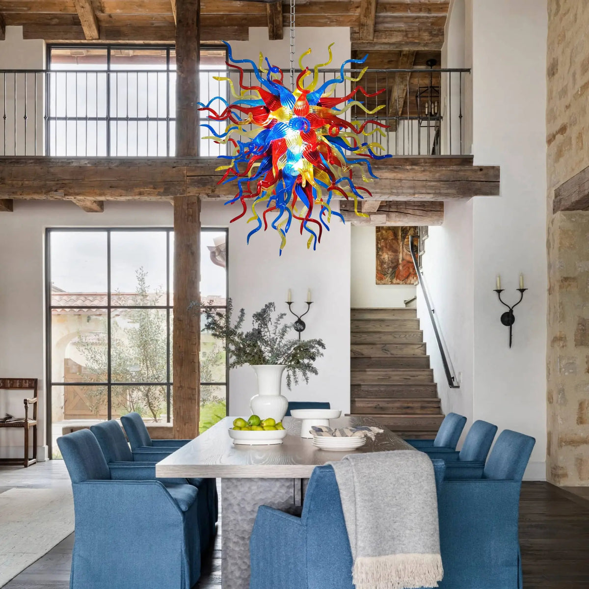 Colorful Starburst Blown Glass Chandelier Chihuly-Style Red Blue Yellow Art Pendant Light