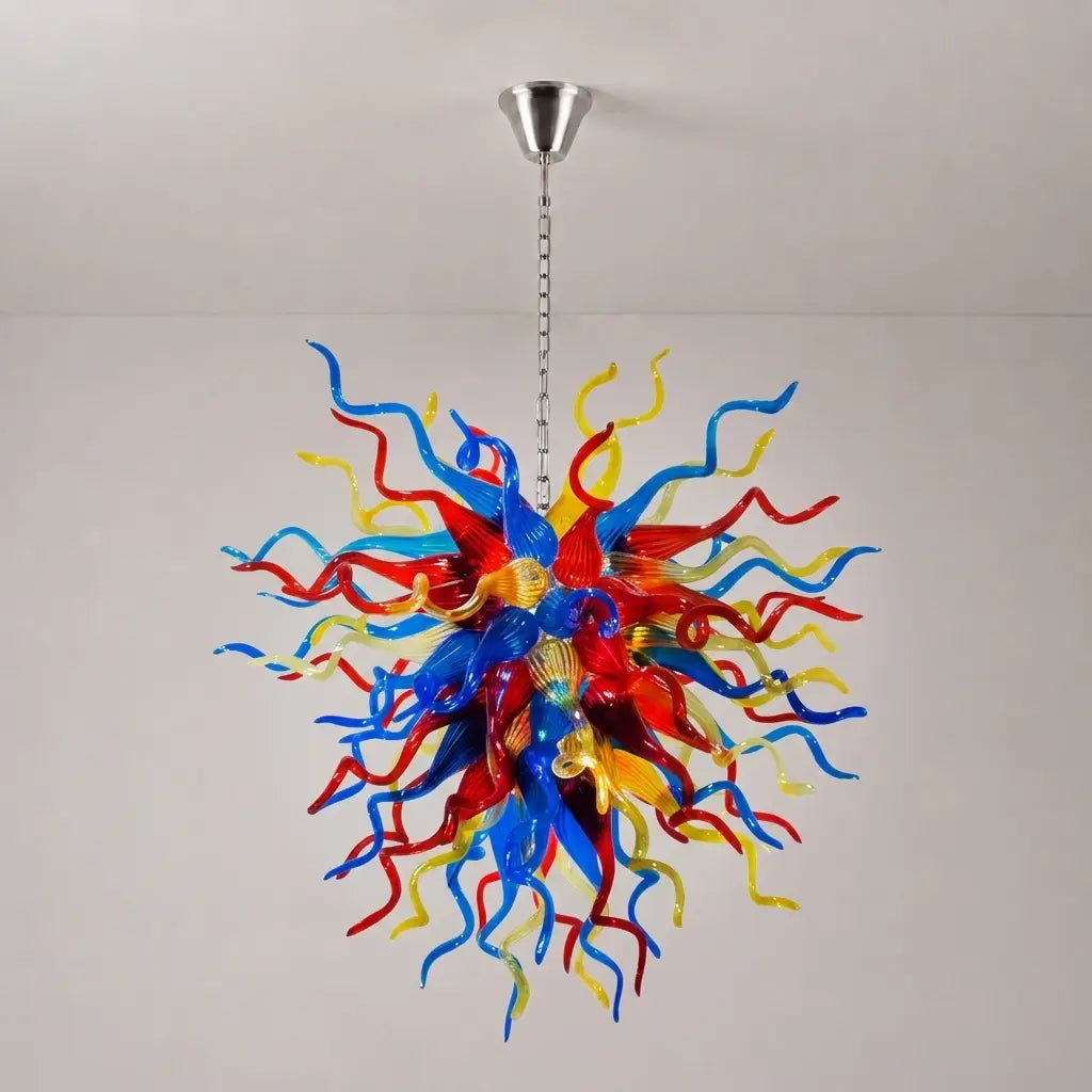 Colorful Starburst Blown Glass Chandelier Chihuly-Style Red Blue Yellow Art Pendant Light