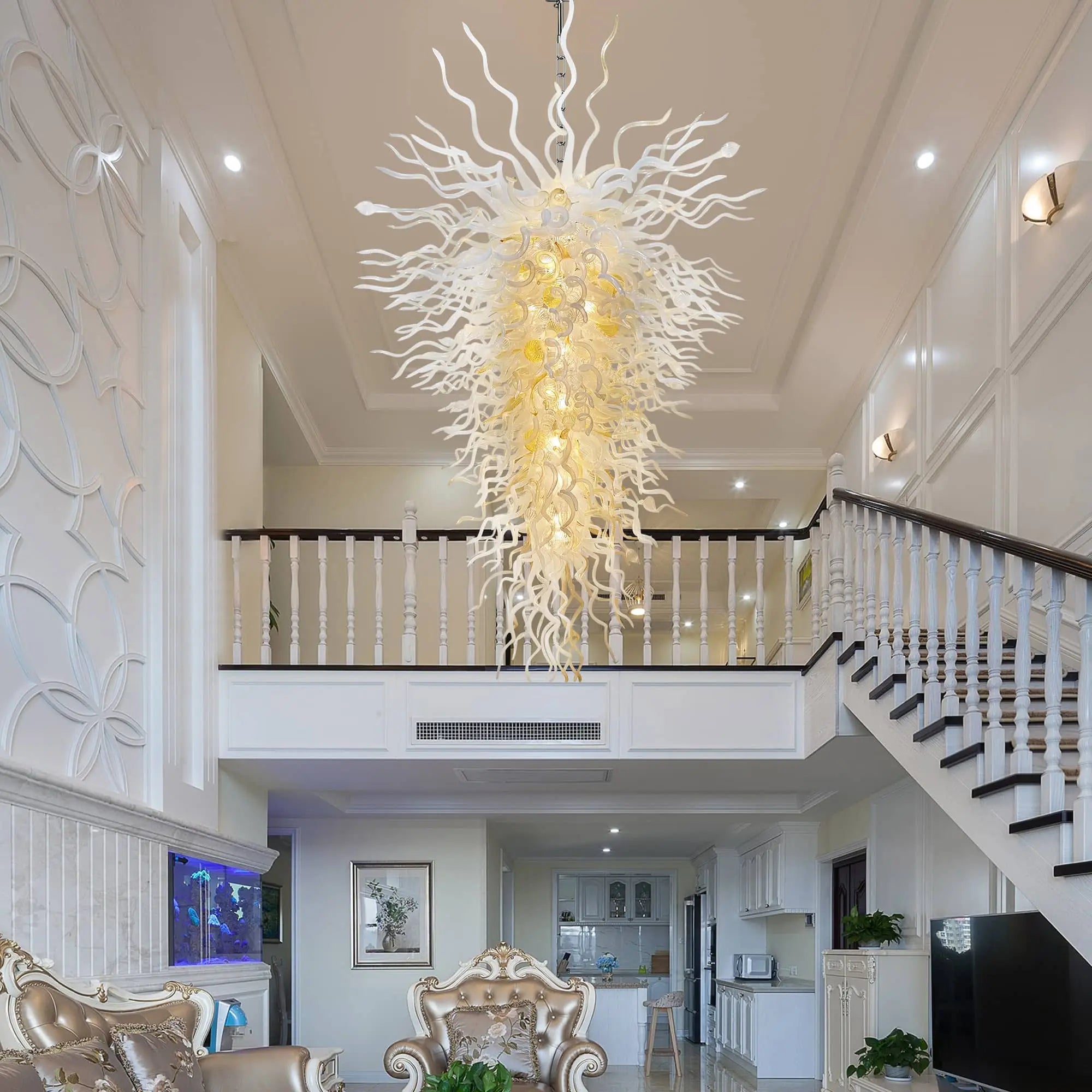 Large Luxury White Sculptural Blown Glass Chandelier Modern Artistic Pendant Light For Living Stairwells Entryways