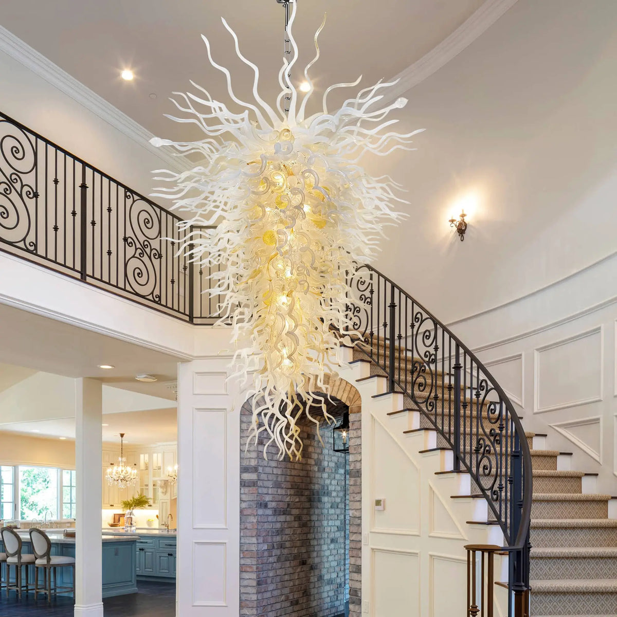 Large Luxury White Sculptural Blown Glass Chandelier Modern Artistic Pendant Light For Living Stairwells Entryways