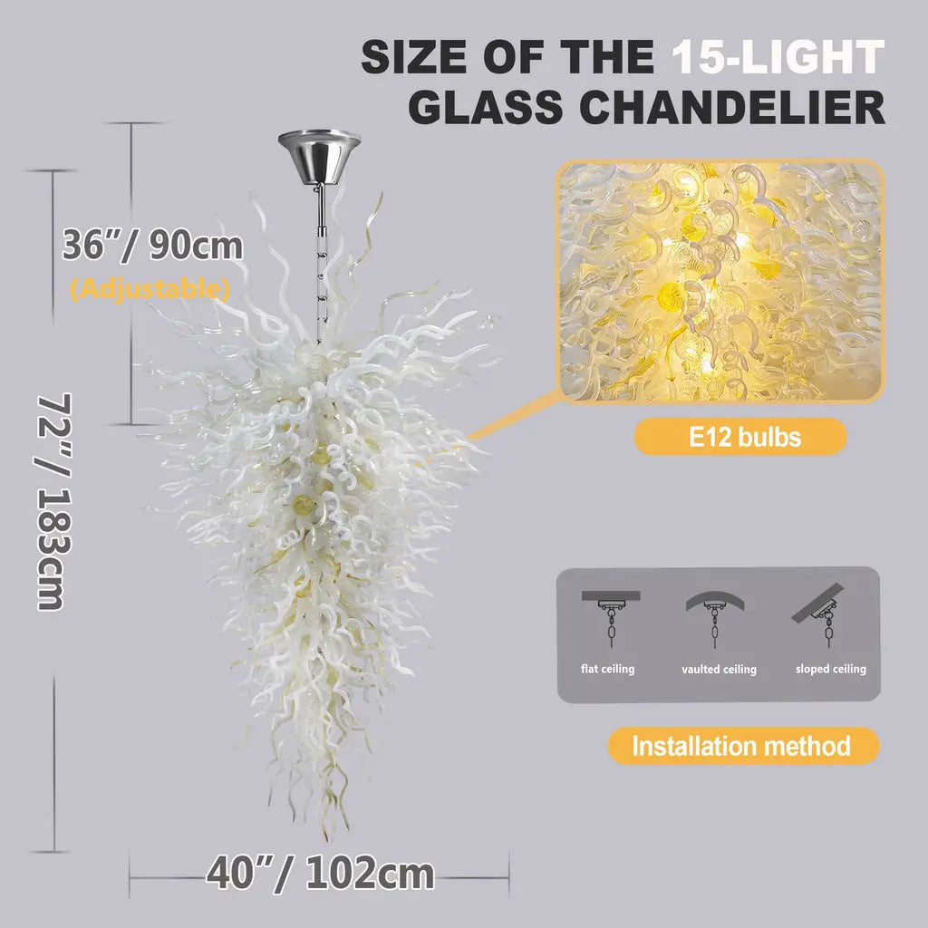 Large Luxury White Sculptural Blown Glass Chandelier Modern Artistic Pendant Light For Living Stairwells Entryways