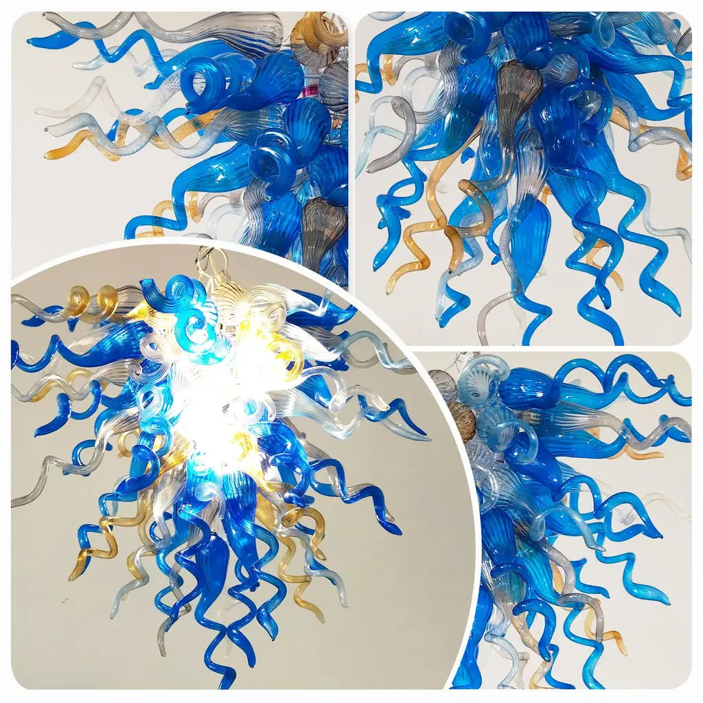 Colorful Hand-Blown Glass Art Chandelier Blue Amber Gray Clear Glass Sculptural Cluster Pendant Light