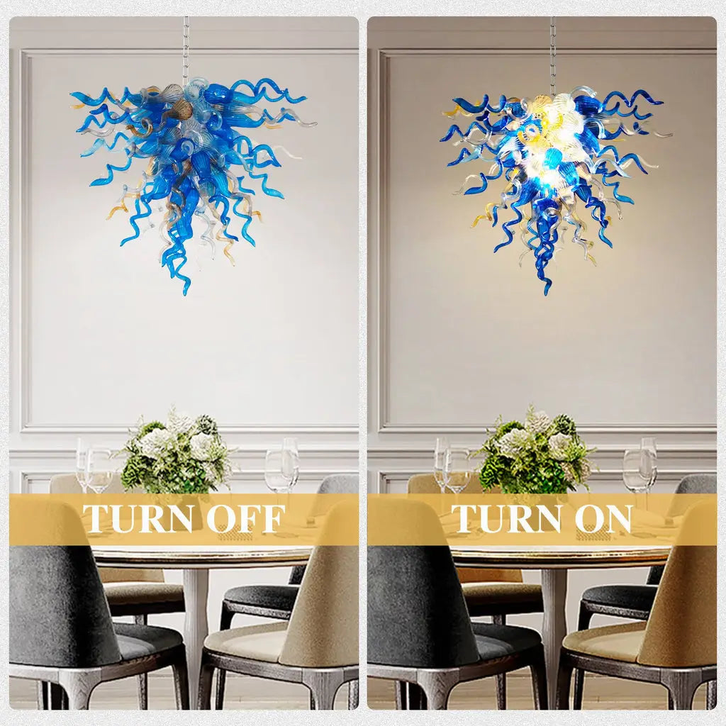 Colorful Hand-Blown Glass Art Chandelier Blue Amber Gray Clear Glass Sculptural Cluster Pendant Light