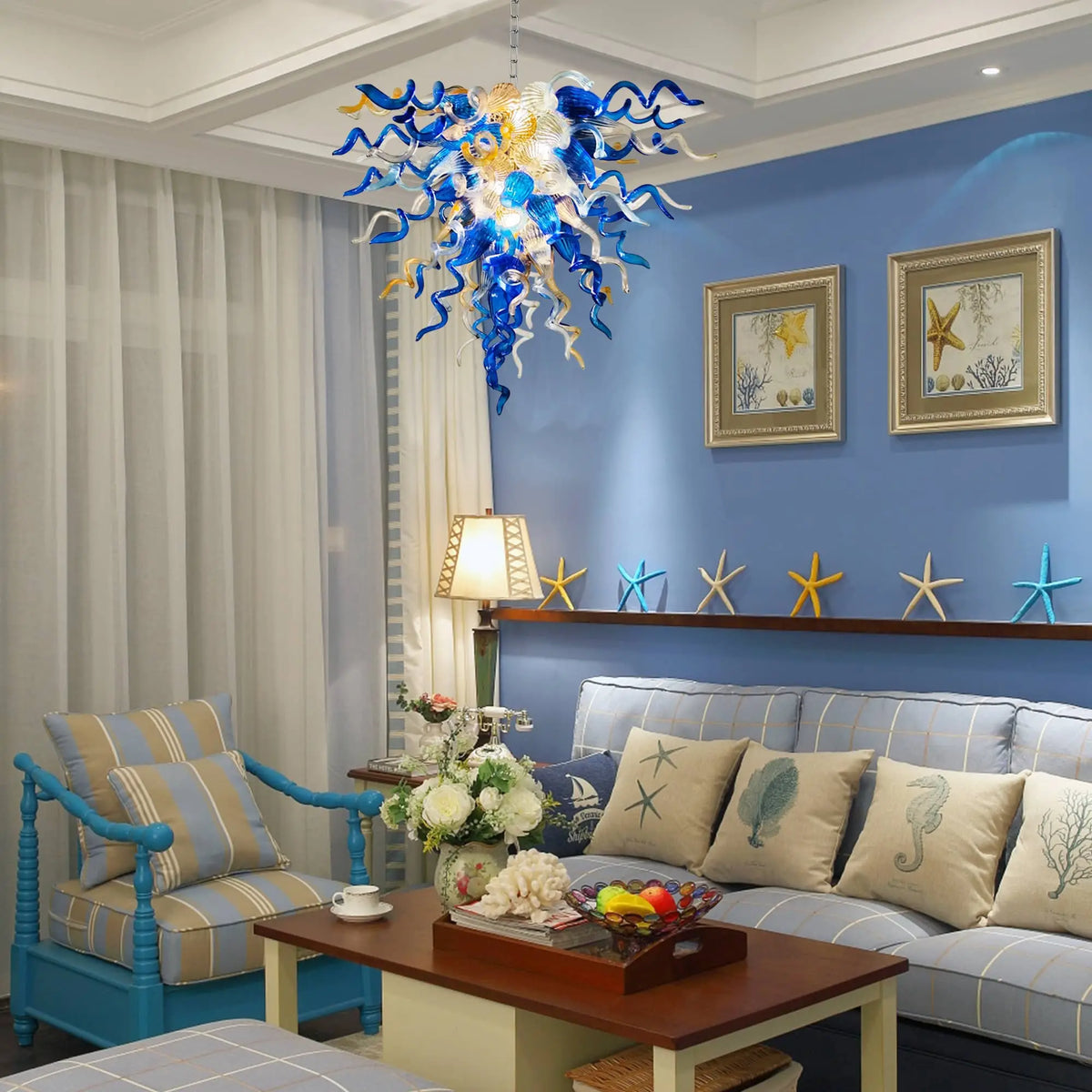 Colorful Hand-Blown Glass Art Chandelier Blue Amber Gray Clear Glass Sculptural Cluster Pendant Light