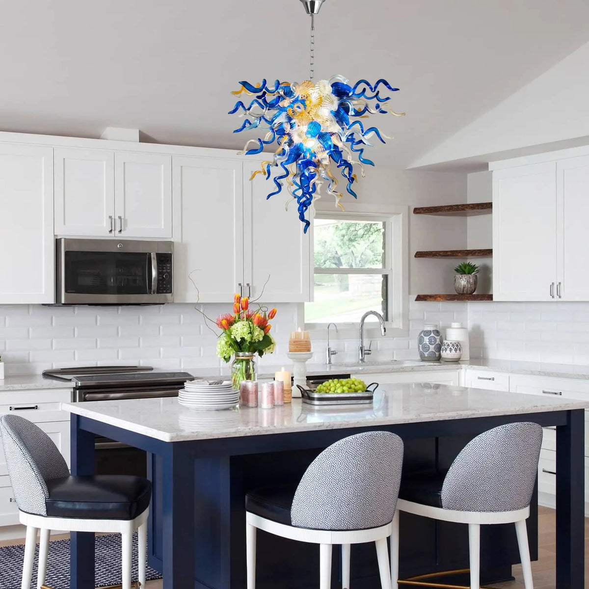 Colorful Hand-Blown Glass Art Chandelier Blue Amber Gray Clear Glass Sculptural Cluster Pendant Light