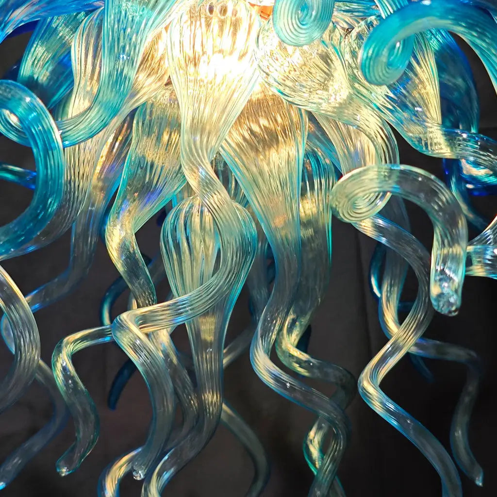 Celestial Blue Artisan Hand-Blown Glass Chandelier Chihuly-Style Sculptural Ocean-Inspired Statement Pendant Light