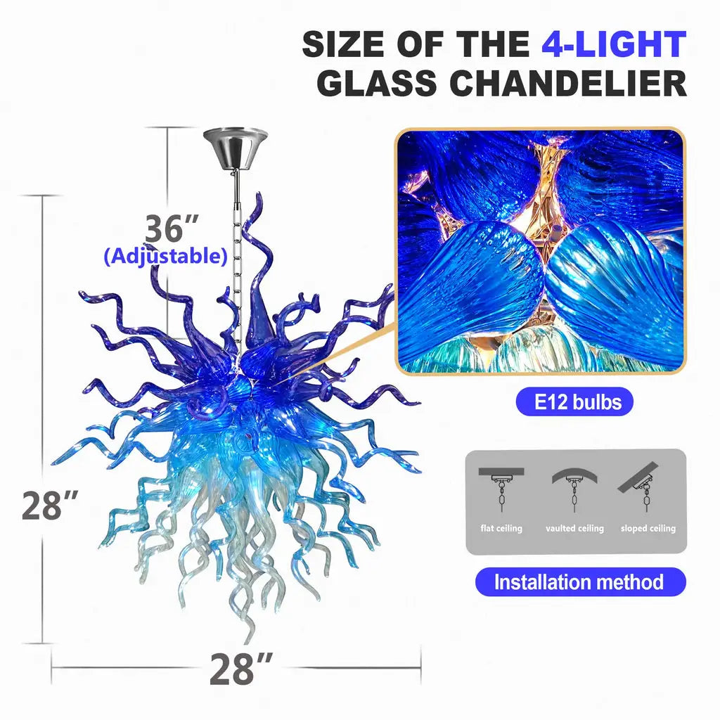 Celestial Blue Artisan Hand-Blown Glass Chandelier Chihuly-Style Sculptural Ocean-Inspired Statement Pendant Light