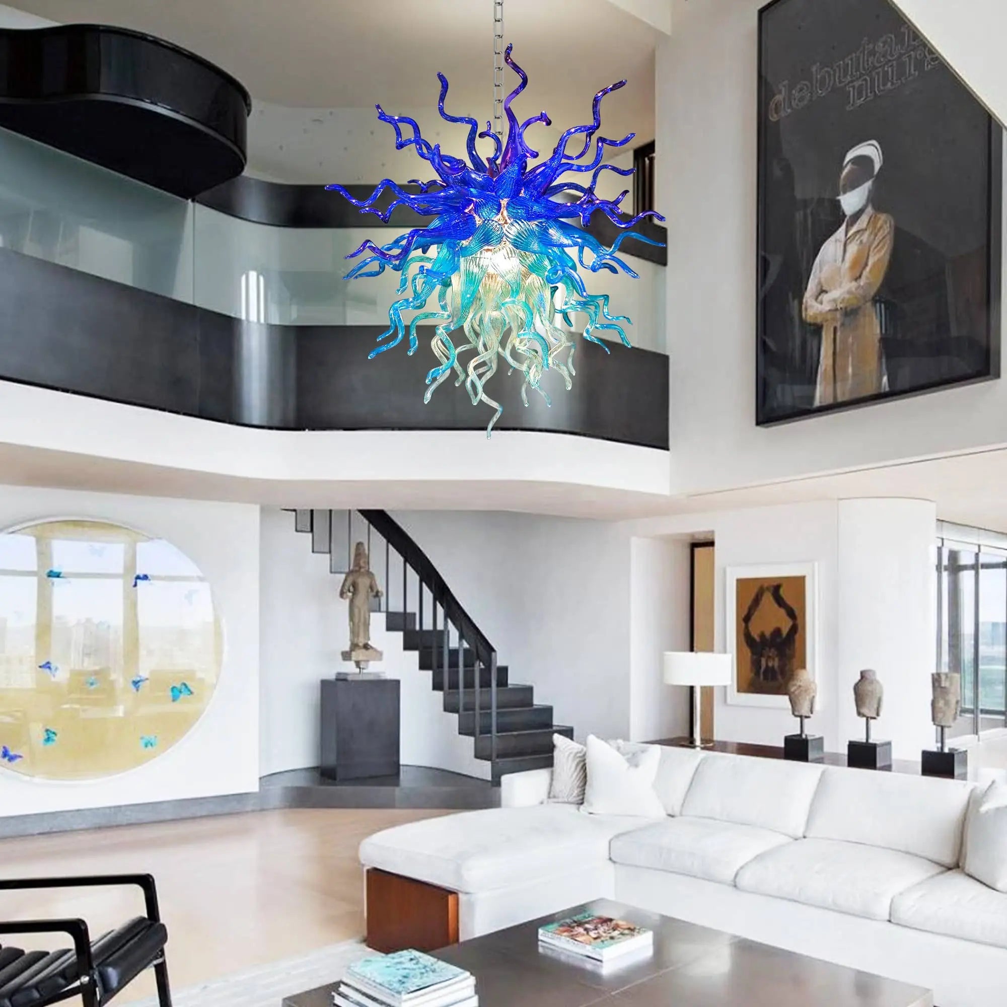Celestial Blue Artisan Hand-Blown Glass Chandelier Chihuly-Style Sculptural Ocean-Inspired Statement Pendant Light