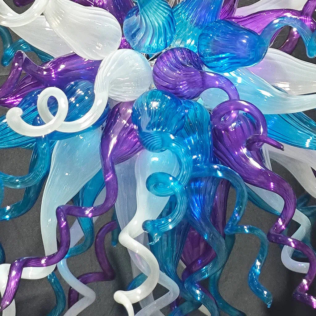 Artisan Hand-Blown Tentacle Glass Chandelier Aqua blue and Lavender white Starburst Sculptural Pendant Light