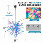 Artisan Hand-Blown Tentacle Glass Chandelier Aqua blue and Lavender white Starburst Sculptural Pendant Light