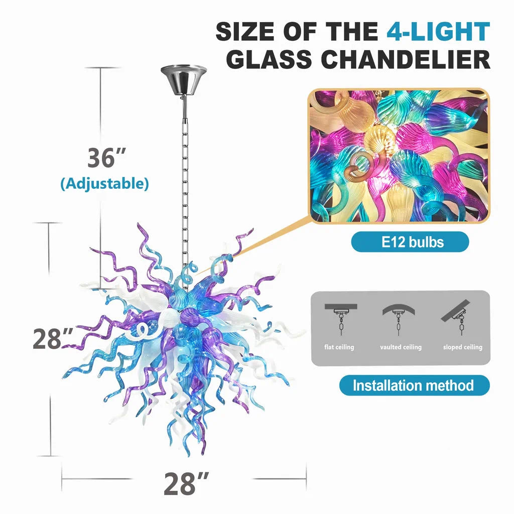 Artisan Hand-Blown Tentacle Glass Chandelier Aqua blue and Lavender white Starburst Sculptural Pendant Light