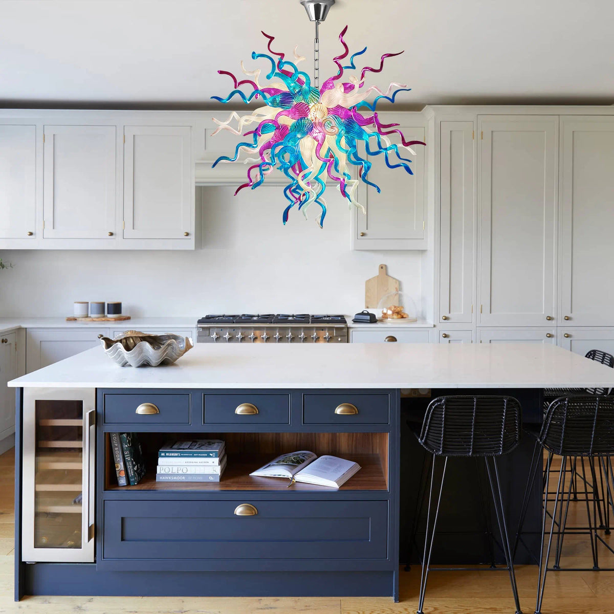 Artisan Hand-Blown Tentacle Glass Chandelier Aqua blue and Lavender white Starburst Sculptural Pendant Light