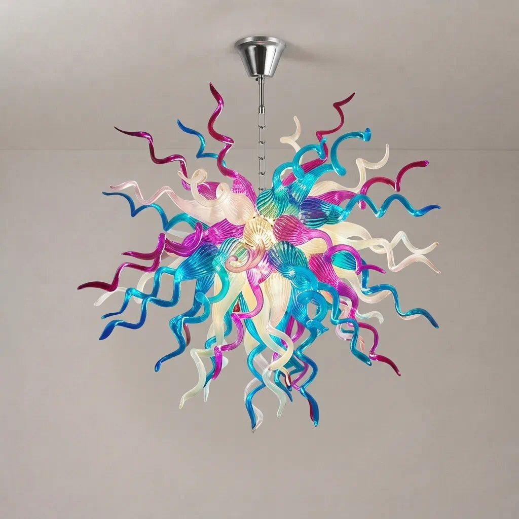 Artisan Hand-Blown Tentacle Glass Chandelier Aqua blue and Lavender white Starburst Sculptural Pendant Light