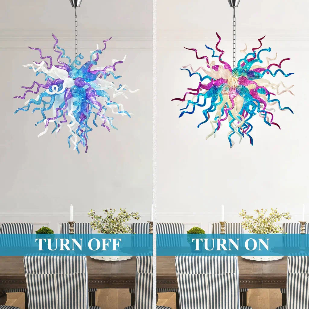 Artisan Hand-Blown Tentacle Glass Chandelier Aqua blue and Lavender white Starburst Sculptural Pendant Light