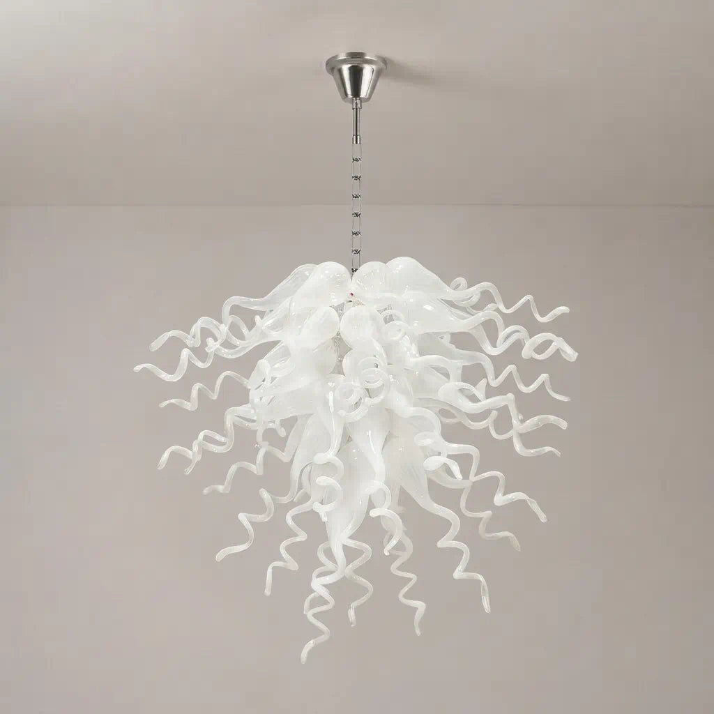 Statement White Hand-Blown Sculptural Glass Chandelier Elegant Chihuly-Style Art Pendant Light Fixture