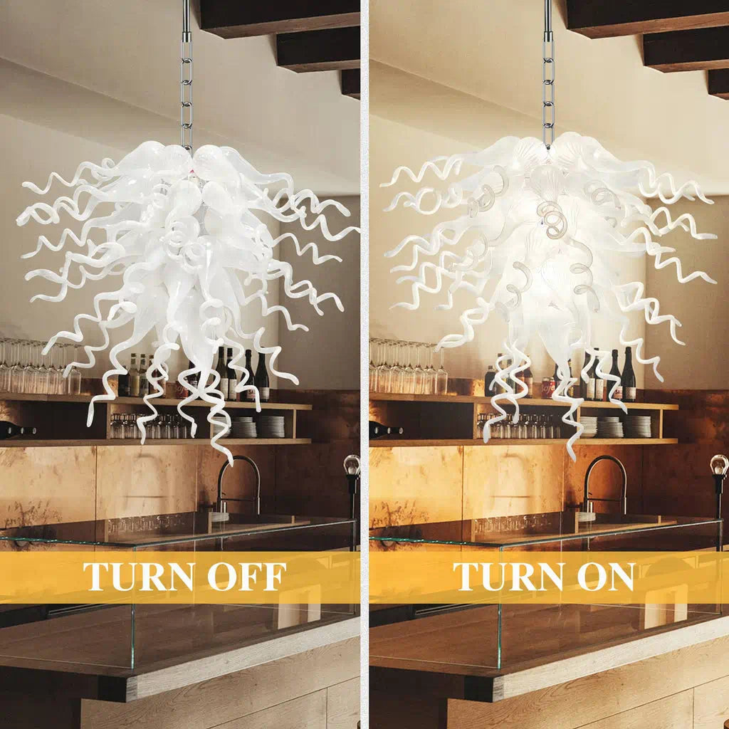 Statement White Hand-Blown Sculptural Glass Chandelier Elegant Chihuly-Style Art Pendant Light Fixture