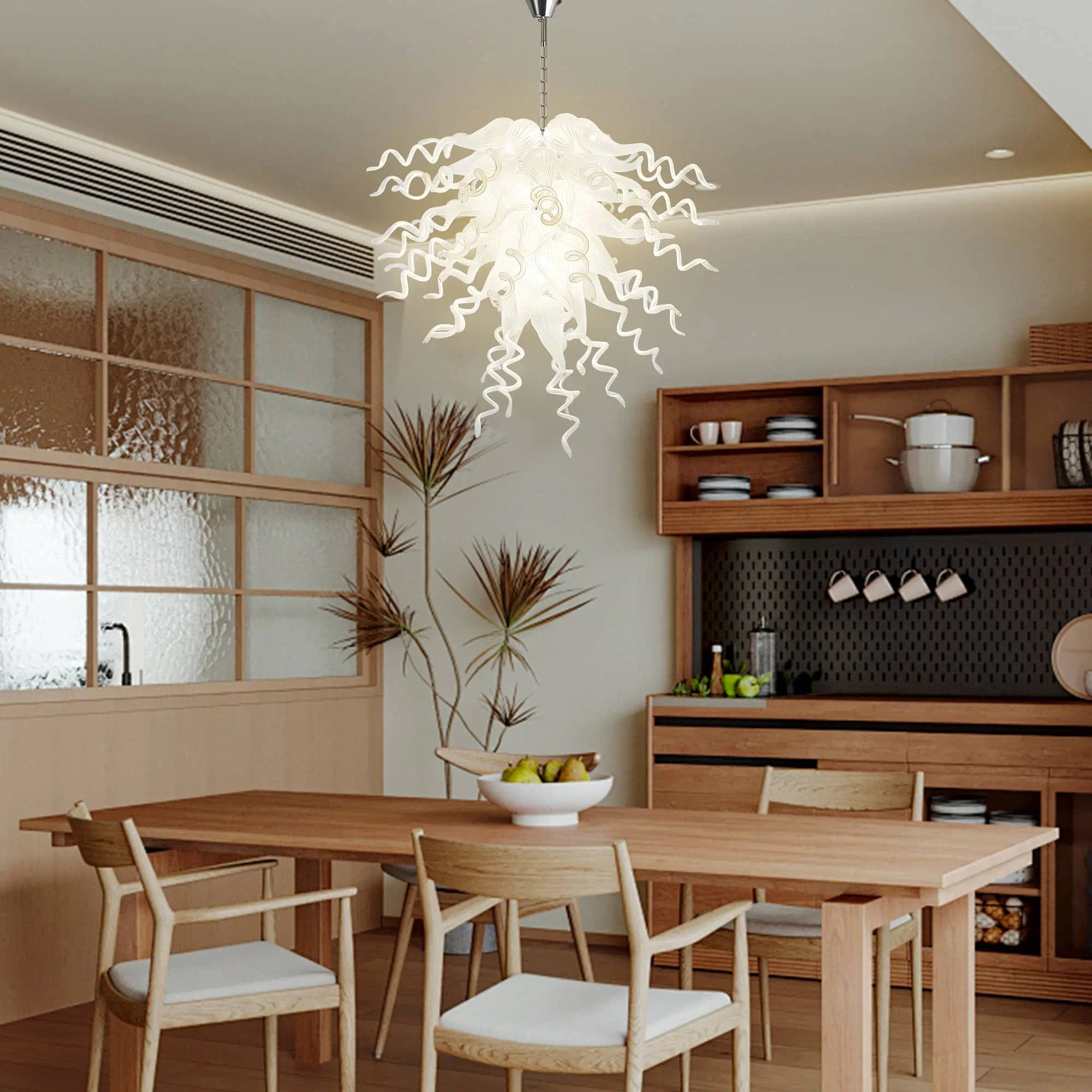 Statement White Hand-Blown Sculptural Glass Chandelier Elegant Chihuly-Style Art Pendant Light Fixture
