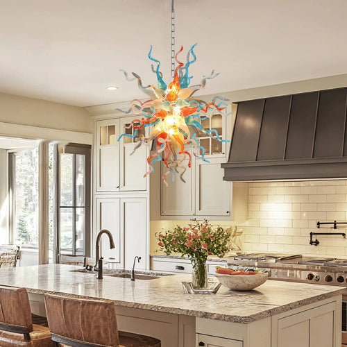 Hand-Blown Glass Chandelier in Orange, Blue & White Chihuly-Style Sculptural Pendant Light